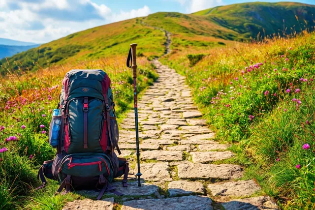 Een wandelrugzak en wandelstok staan aan het begin van een stenen pad dat door een weide met wilde bloemen een grasheuvel op slingert onder een halfbewolkte lucht.