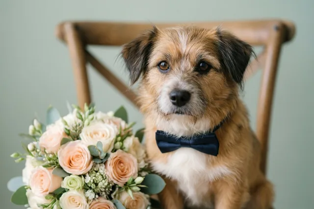 Een klein ruigharig hondje met een zwart strikje zit op een houten stoel naast een bruidsboeket van perzikkleurige en witte rozen, tegen een gedempt groene muur.