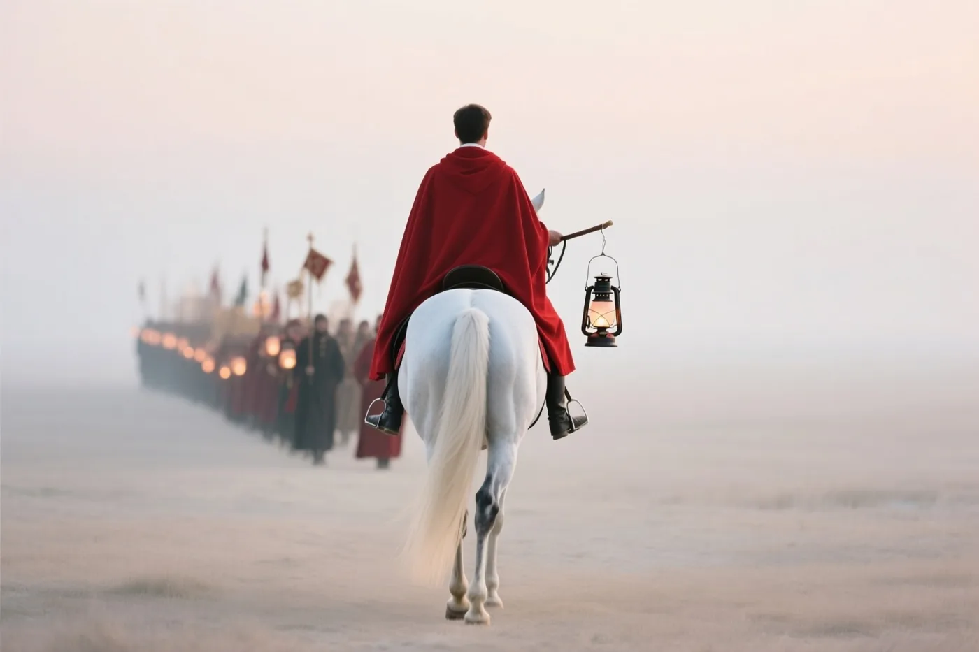 Een ruiter in een rode mantel op een wit paard leidt mensen met lantaarns door een mistig, open landschap in zacht en warm licht.