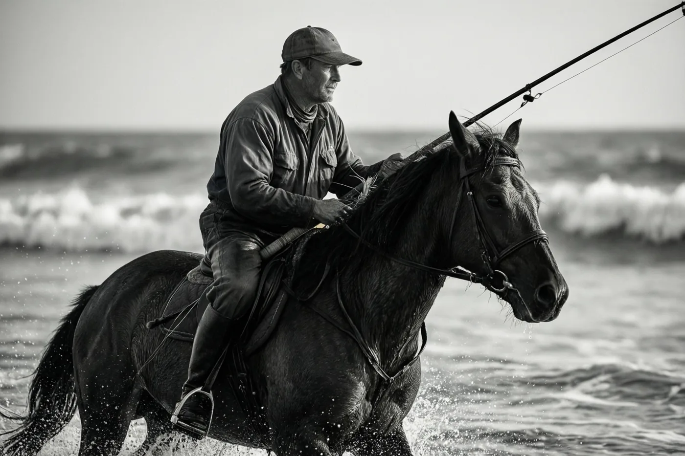 Een zwart-witfoto toont een man op een donker paard die met een hengel in zijn hand door de branding rijdt.