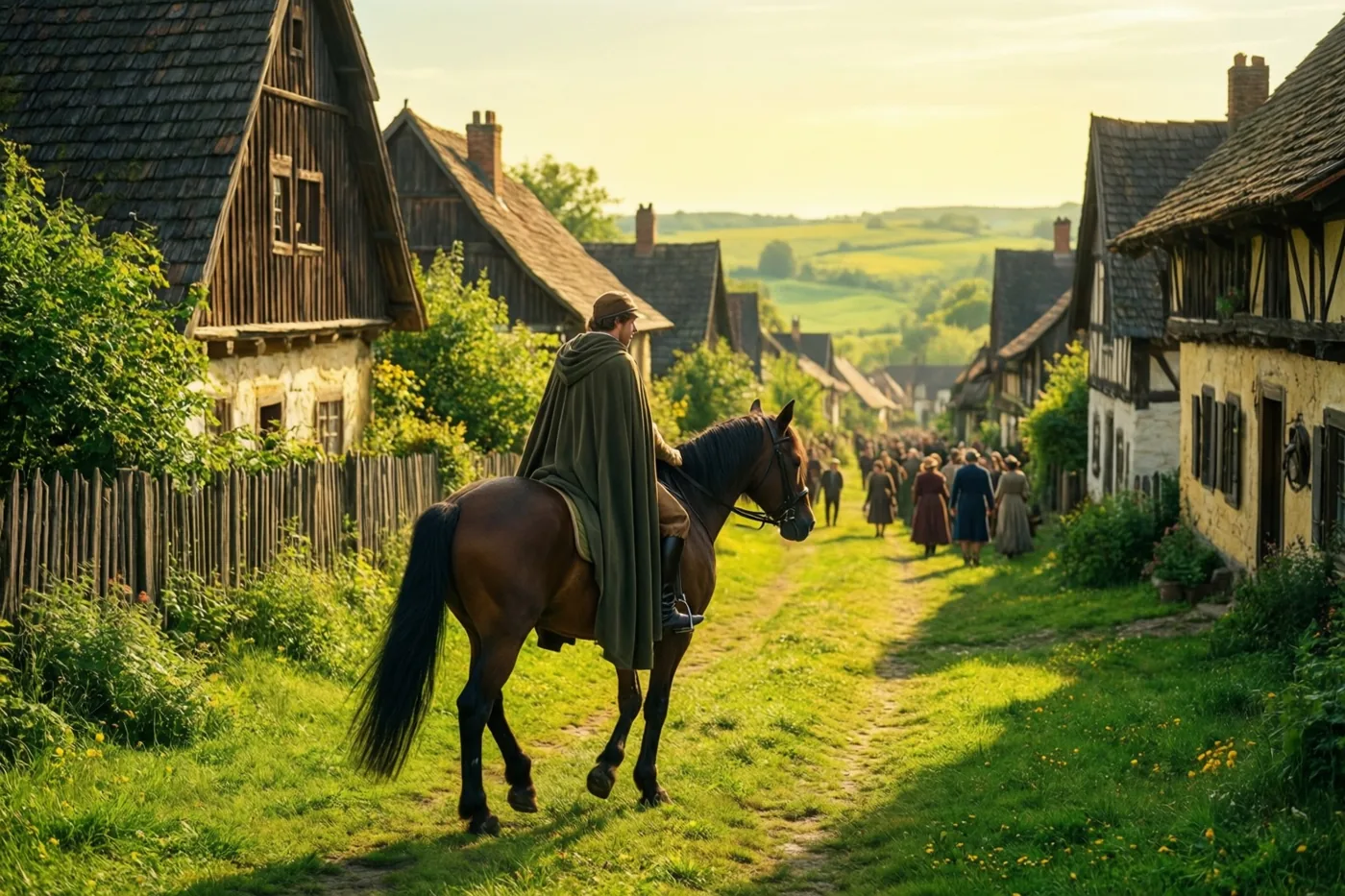 Een ruiter met een groene mantel rijdt op een bruin paard door een met gras begroeide dorpsstraat met vakwerkhuizen en mensen in de verte, in warm goudkleurig licht.