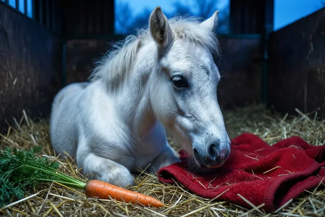 Een wit veulen rust op stro in een stal naast een rode deken en een wortel met loof, in koel blauw licht.
