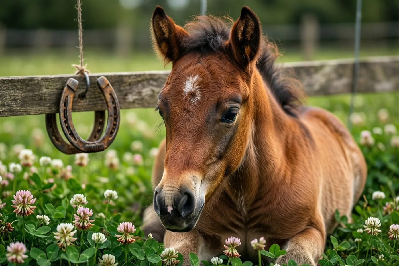 Een jong bruin veulen rust in een groene weide met witte en roze klaverbloemen, met een roestig hoefijzer aan een houten dwarslat op de voorgrond.