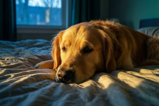 Een golden retriever rust met zijn kop op een verkreukeld blauwgrijs dekbed terwijl de vroege ochtendzon door het raam schijnt.