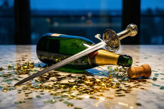 Een champagnesabel rust schuin op een geopende groene champagnefles op een wit marmeren werkblad met gouden confetti en een kurk, voor een wazige blauwe achtergrond.
