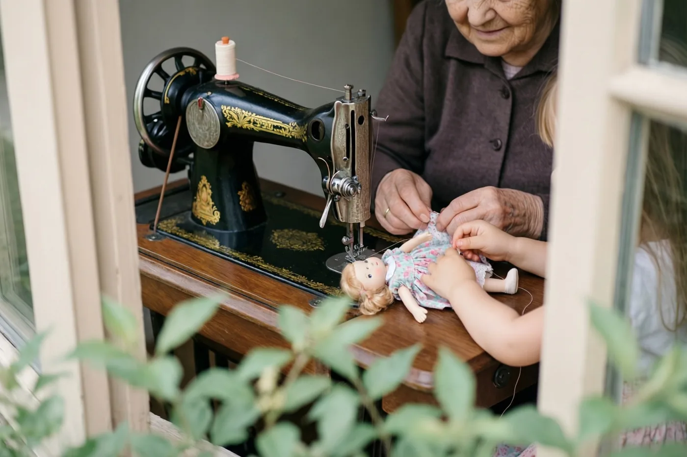 Door een raam met groen op de voorgrond zijn een oudere vrouw en een kind te zien die aan een antieke zwarte naaimachine een jurkje aan een pop naaien.