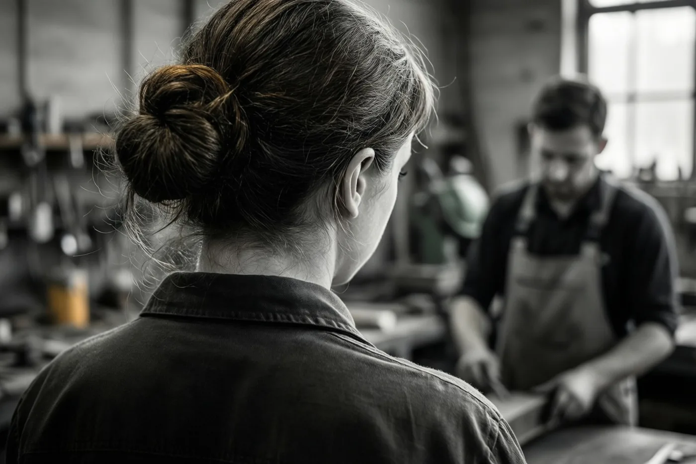 Een vrouw met haar haar in een dot kijkt vanop de rug gezien naar een man met een schort aan een werktafel, op een zwart-witfoto.