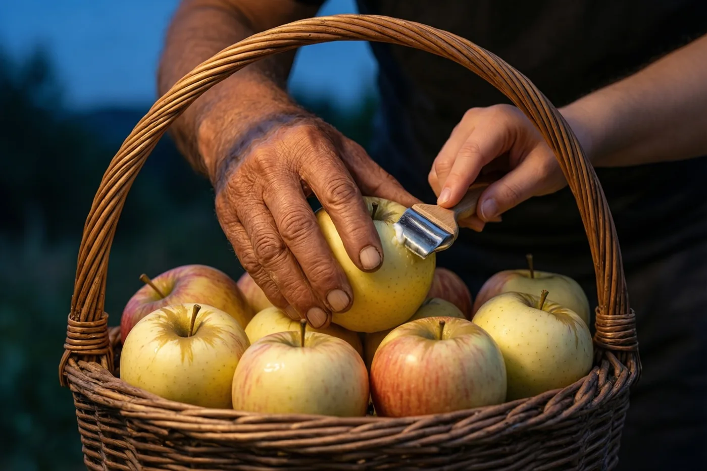 Een gerimpelde volwassen hand en een kleine kinderhand poetsen samen een appel in een gevlochten mand vol appels, buiten bij schemering tegen een blauwe achtergrond.