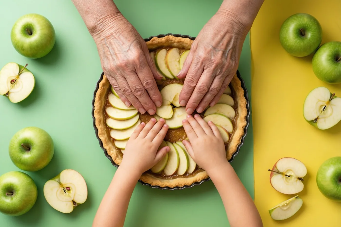Van bovenaf zie je oudere handen en kinderhanden appelschijfjes in een taartbodem leggen, met appels rondom op een groene en gele achtergrond.