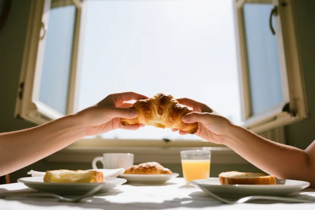 Twee handen houden samen een croissant boven een ontbijttafel met toast, een croissant, een kopje en een glas sinaasappelsap, terwijl zonlicht door een open raam valt.