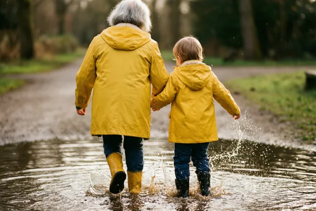 Een oudere persoon en een peuter lopen hand in hand door een modderplas op een pad tussen bomen en gras, van achteren gezien in dezelfde gele regenjassen.