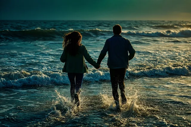 Twee mensen lopen hand in hand door ondiepe zeegolven, met hun rug naar de camera in goudkleurig licht tegen een donkerblauwe zee en hemel.