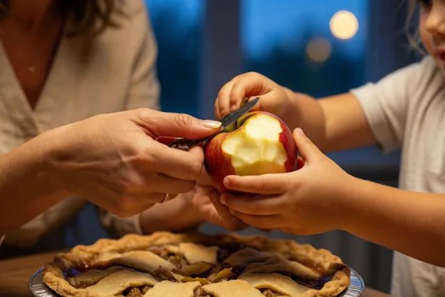Een moeder en kind schillen samen een appel, met een appeltaart op de voorgrond en een blauwe achtergrond in warm licht.