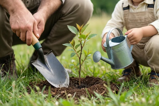 Een volwassene met een spade en een kind met een gieter planten samen een jonge boom in een groene weide.