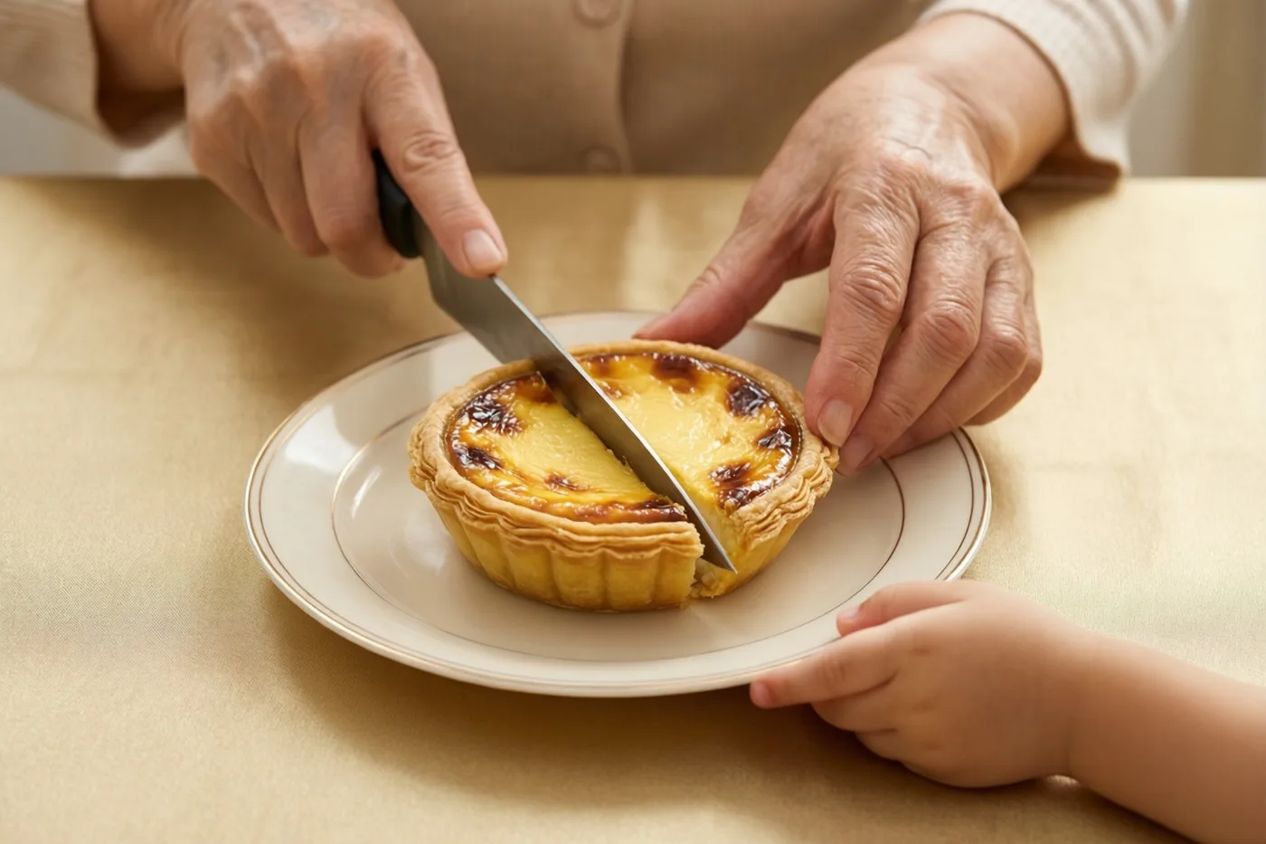 Oudere handen snijden een goudbruine rijsttaart op een wit bord terwijl een kinderhand het bord vasthoudt, op een beige tafelkleed.