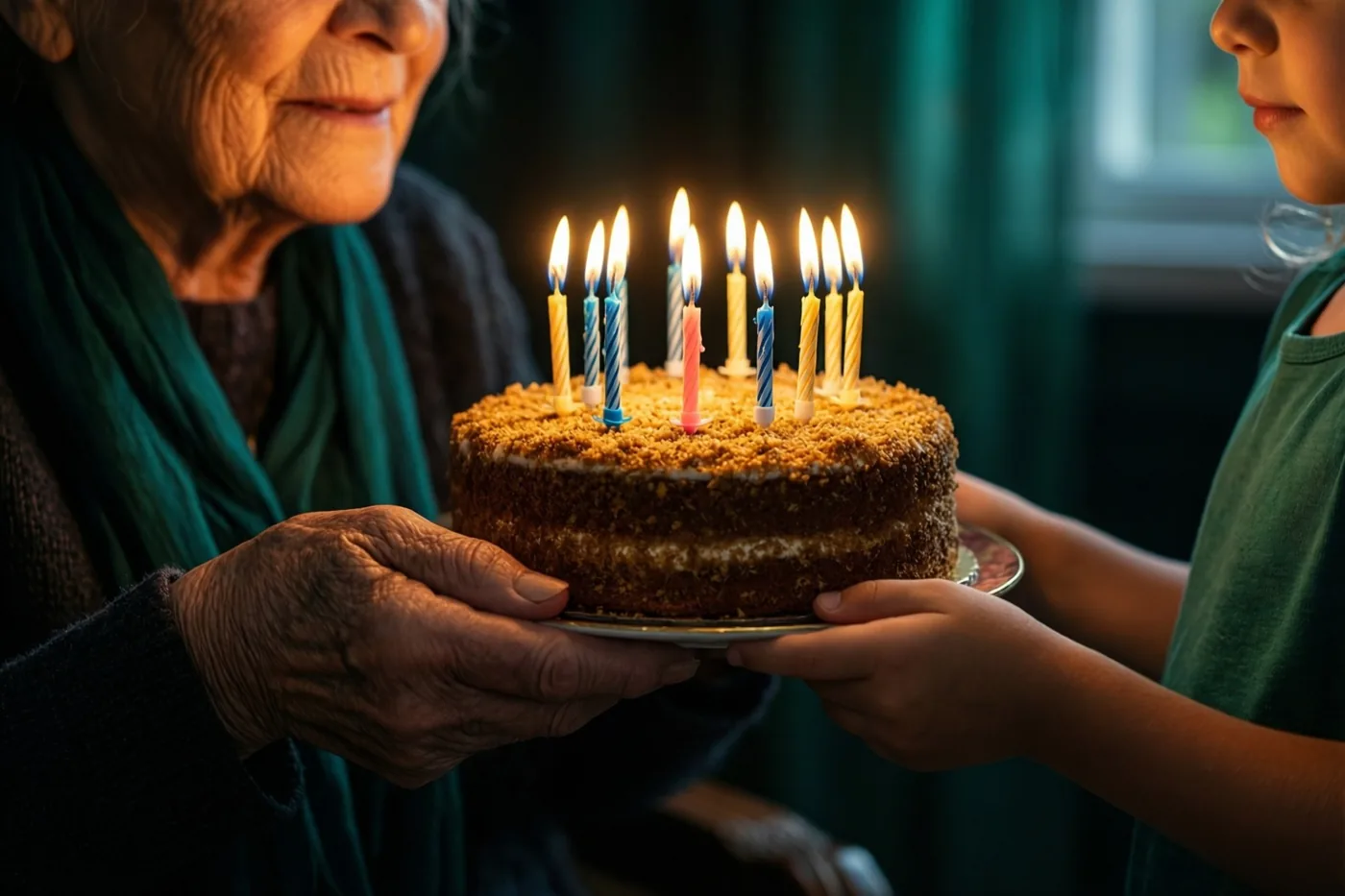 Een oudere persoon en een kind houden samen een verjaardagstaart met brandende kaarsjes vast in warm licht met groene, bruine en gele tinten.