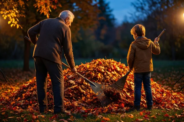 Een oudere man en een jonge jongen harken herfstbladeren op een grote hoop in een tuin met gras, onder een donkerblauwe avondlucht.