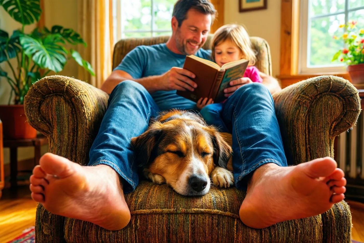 Een vader en kind lezen samen een boek in een fauteuil, met een slapende hond aan hun voeten in een warm verlichte woonkamer met planten en raamlicht.