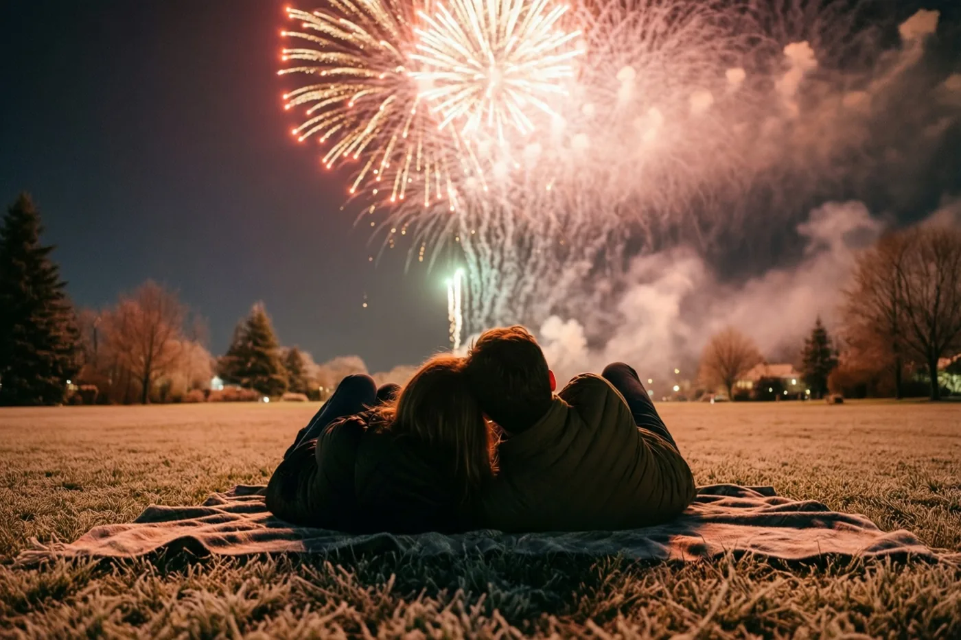 Twee mensen liggen van achteren gezien op een deken op een berijpt gazon en kijken naar oranje en wit vuurwerk tegen de donkere hemel.