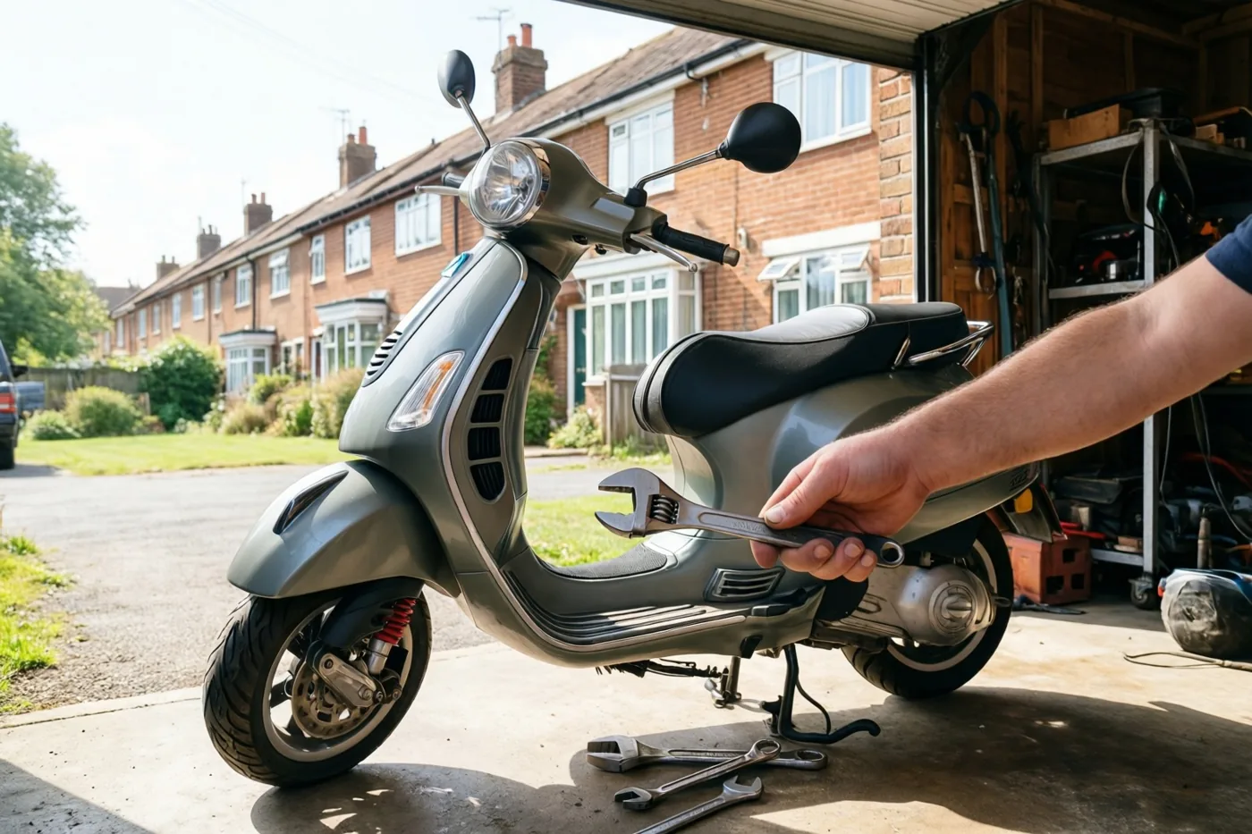 Bij een grijze scooter in een garage houdt een grote hand een sleutel vast met een kleinere hand erop, met een bakstenen rijhuis op de achtergrond in helder zonlicht.
