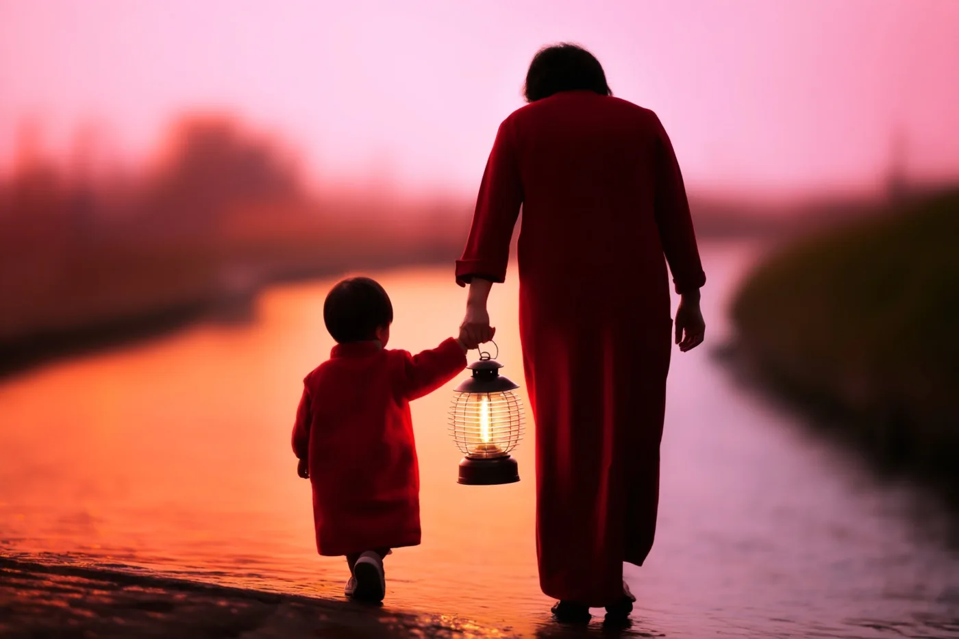Een ouder en een klein kind lopen van de kijker weg hand in hand langs een kanaal met een brandende lantaarn, onder een roze en oranje zonsondergang.