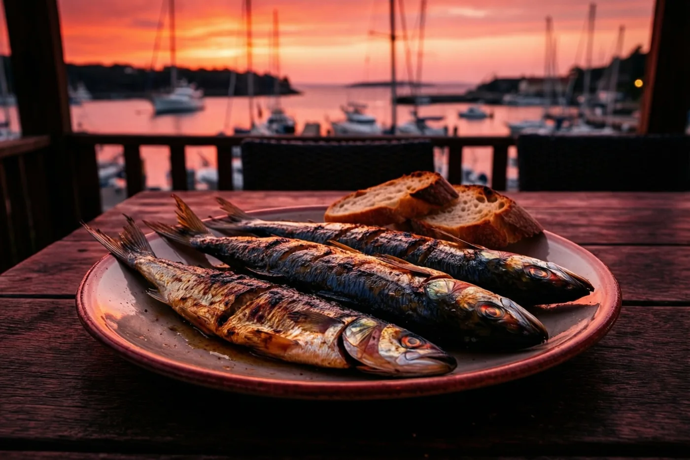 Een bord gegrilde sardines en krokant brood staat op een houten terrastafel met uitzicht op een haven onder een oranjeroze hemel bij zonsondergang.