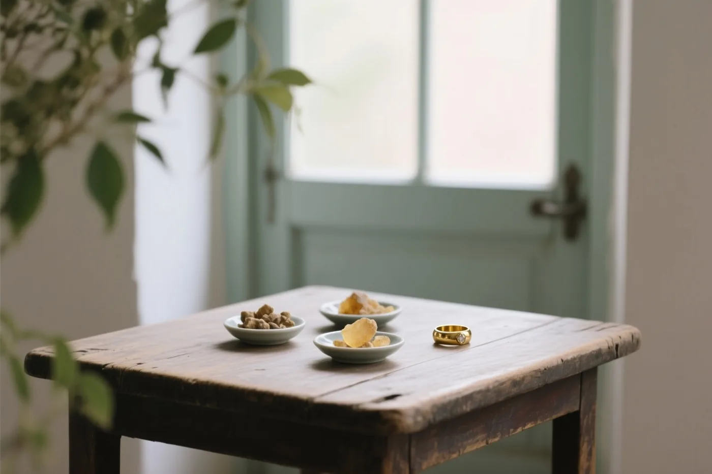 Drie kleine witte schaaltjes met wierookhars, mirre en een gouden ring staan op een ruwe houten tafel in zacht licht van een raam erachter.