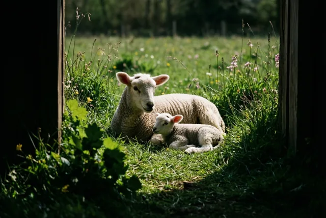 Een schaap en een lam rusten samen in een zonnige weide met felgroen gras en wilde bloemen, omlijst door donkere houten palen.