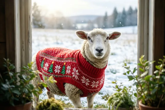 Wollige kerstgroeten aan het raam