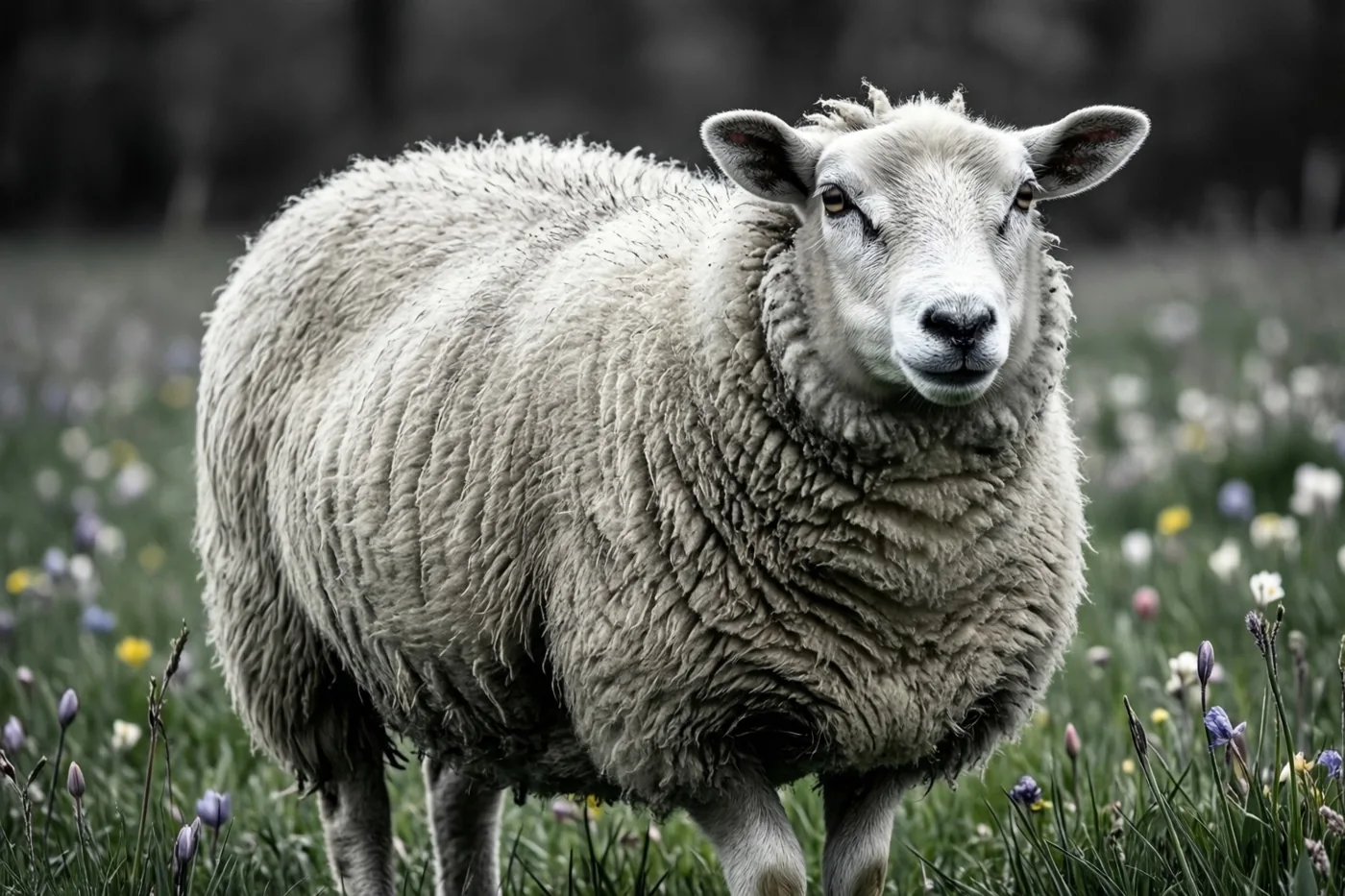 Een schaap staat in een lenteweide met kleurrijke wilde bloemen, waarbij enkele kleuren opvallen tussen verder gedempte tinten.