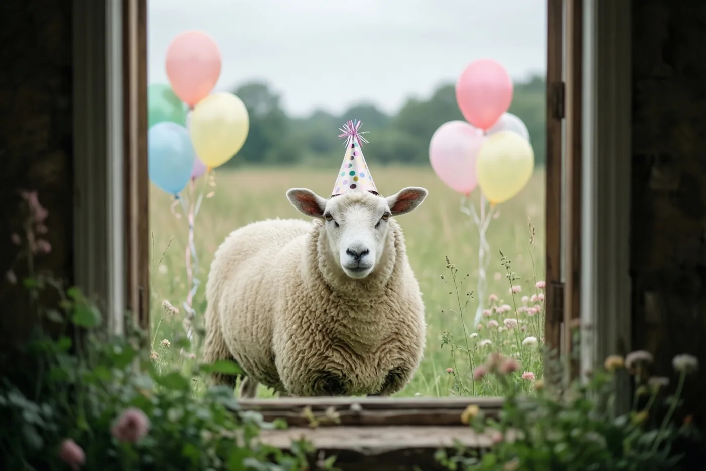 Een schaap met een gestippeld feesthoedje staat in een grasveld en kijkt door een open raamkozijn, met gekleurde ballonnen op de achtergrond.