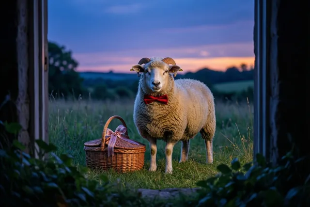 Een wollig schaap met een rood vlinderdasje staat in een grasweide naast een rieten geschenkmand met roze lint, gezien door een deuropening onder een paars-oranje avondhemel.