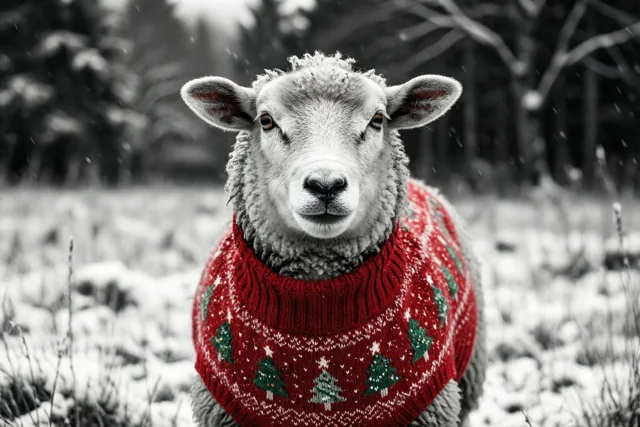 Een schaap met pluizige witte wol en een rode gebreide kersttrui met groene boompatronen staat in een besneeuwde weide met vallende sneeuw en bomen op de achtergrond.