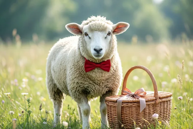 Een pluizig wit schaap met een rood vlinderdasje staat in een zonnige weide met wilde bloemen naast een rieten geschenkmand met een roze lint.