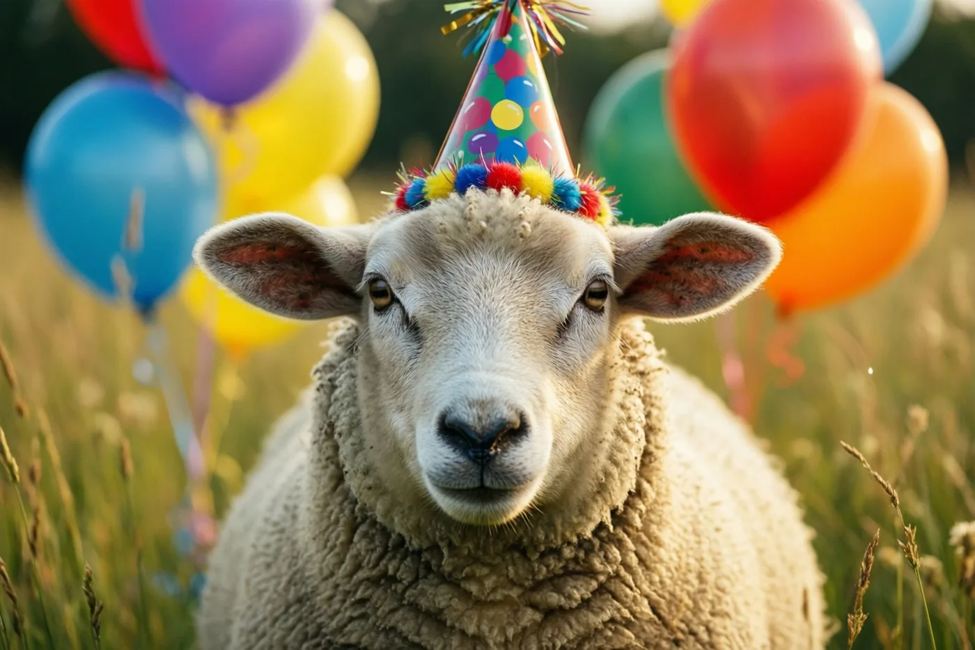 Een schaap met een kleurrijk feesthoedje staat in een grasveld met onscherpe ballonnen eromheen, in een beeld met vooral wit, blauw en rood.