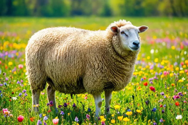 Een schaap staat in een groene lenteweide vol kleurrijke wilde bloemen, met vooral gele en roze tinten.