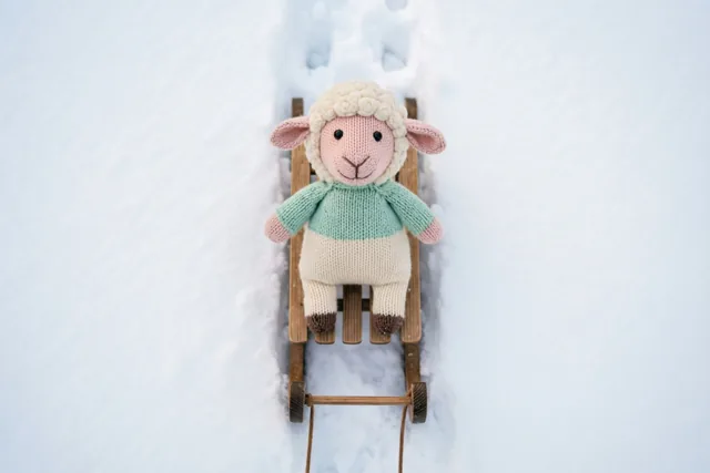 Een klein gebreid speelgoedschaap met een groene trui zit op een houten slee in een sneeuwlandschap met zachte groen- en crèmetinten.