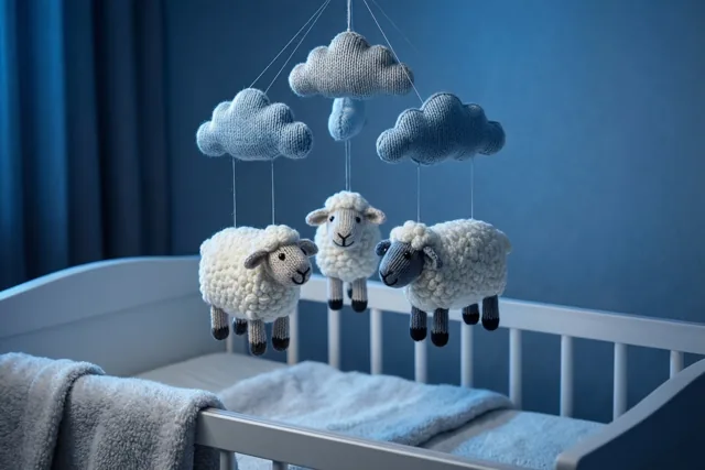 Een gebreide mobiel met schapen en wolken hangt boven een wit babybedje tegen een blauwe muur, in zachte blauwe en witte tinten.