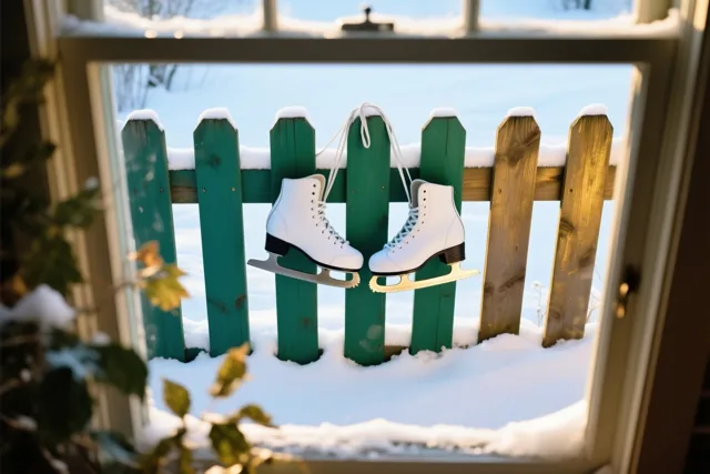 Door een raamkozijn zijn witte schaatsen te zien die aan hun veters aan een besneeuwde groene houten omheining hangen, onder een blauwe lucht.