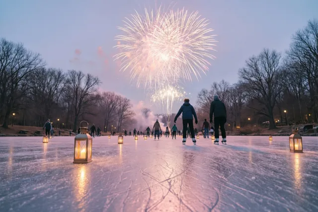 Mensen schaatsen bij schemering op een bevroren vijver met lichtgevende lantaarns op het ijs en vuurwerk boven kale bomen.