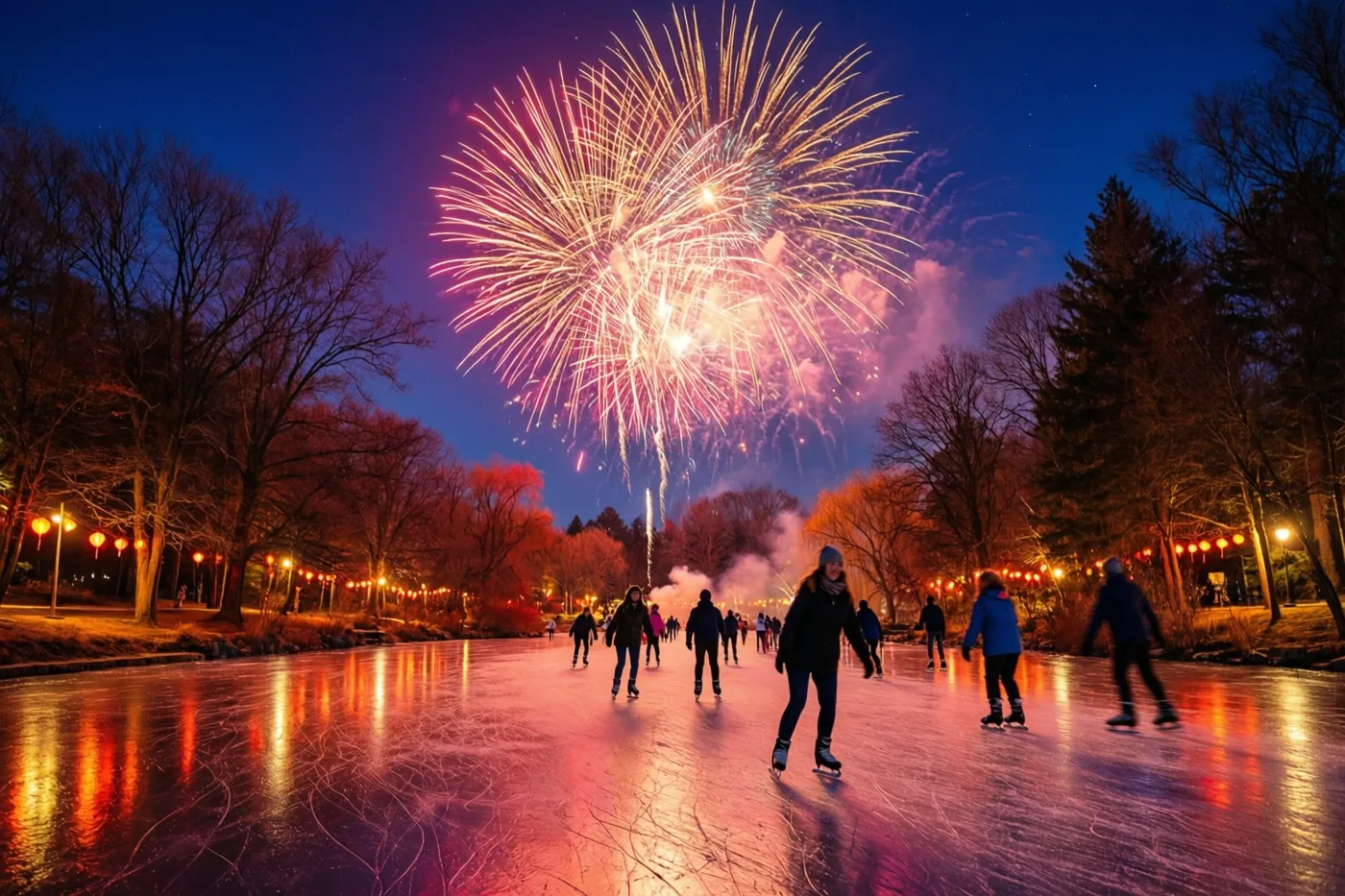 Mensen schaatsen op een bevroren vijver met warme lantaarns langs de beboste oevers, terwijl kleurrijk vuurwerk in de donkerblauwe hemel op het ijs weerspiegelt.