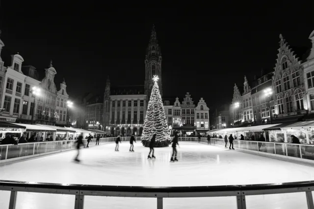 Een zwart-witfoto toont schaatsers op een ijsbaan op een Belgisch marktplein bij nacht, met een fel verlichte kerstboom in het midden en historische gebouwen eromheen.
