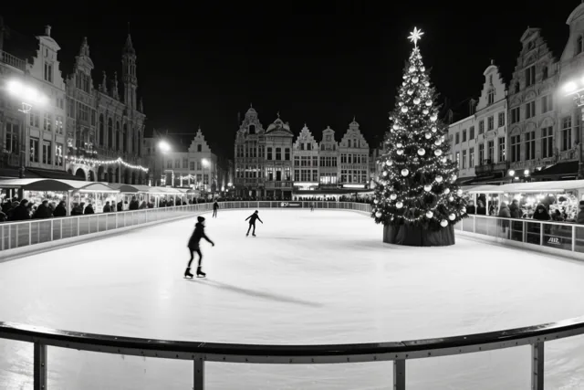 Een zwart-witfoto toont een nachtelijke ijsbaan op een Belgisch marktplein met schaatsers, een grote verlichte kerstboom, historische gebouwen en feestelijke kraampjes.