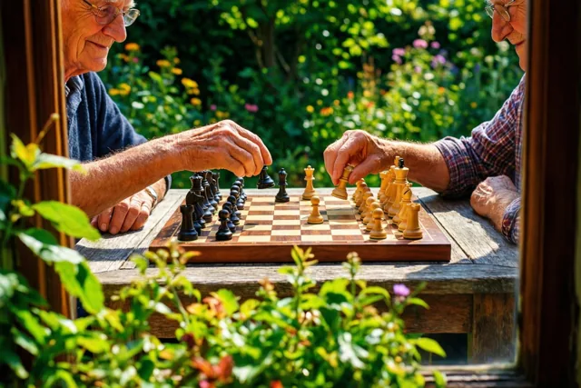 Door een raam zijn twee oudere mensen te zien die aan een houten tafel schaken in een zonnige tuin met groen en bloemen.