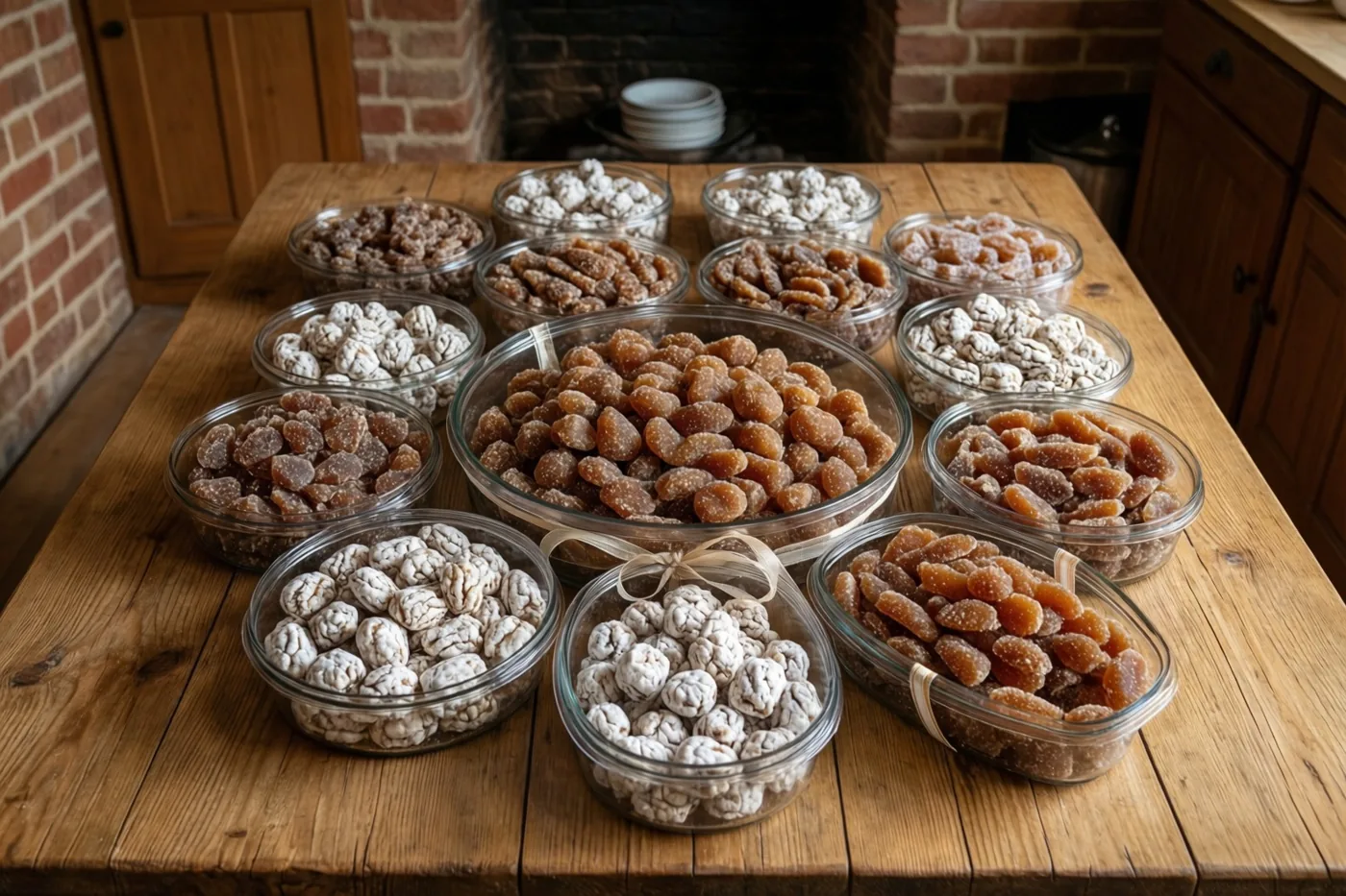 Glazen schalen met verschillende soorten gekonfijt fruit bedekken een houten tafel in een hoevekeuken met rode bakstenen muren.