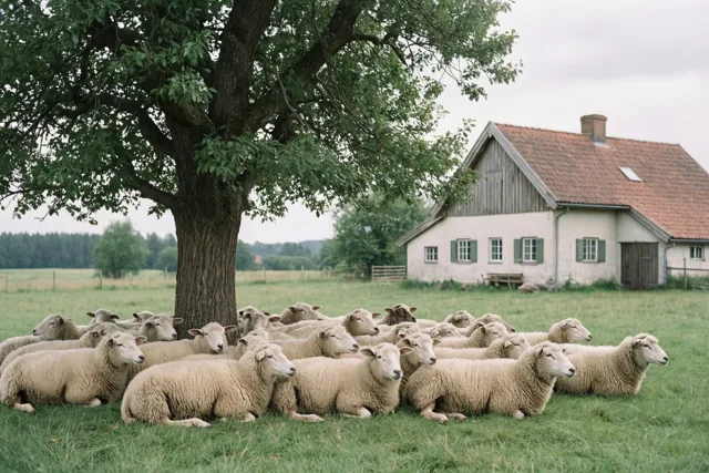 Een kudde schapen rust op groen gras onder een grote boom, met op de achtergrond een witte boerderij met een rood pannendak en groene luiken.