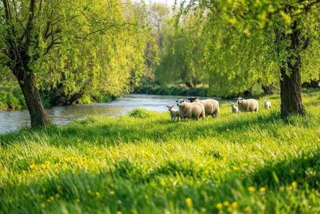 Schapen en lammetjes staan in een felgroene weide naast een rivier, omringd door wilgen met jong blad in helder zonlicht.
