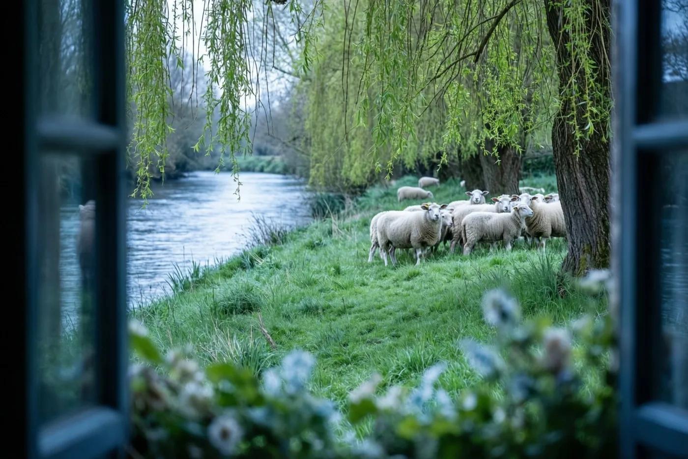 Door een raamkader is een kudde schapen te zien in een weide langs een rivier onder treurwilgen met jong groen blad, in koele groene en blauwe tinten.