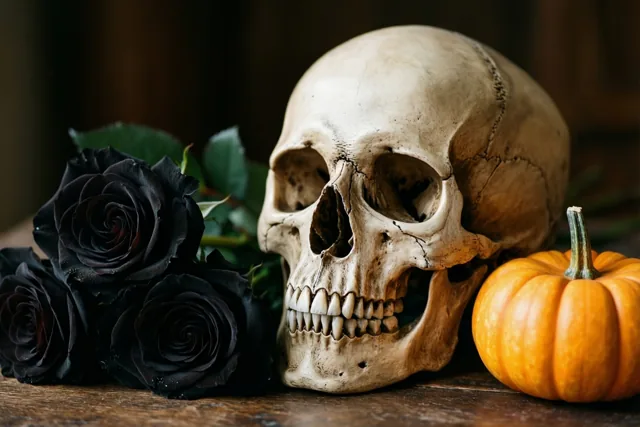 Een menselijke schedel, zwarte rozen en een kleine oranje pompoen liggen op een houten ondergrond tegen een donkere, onscherpe achtergrond.