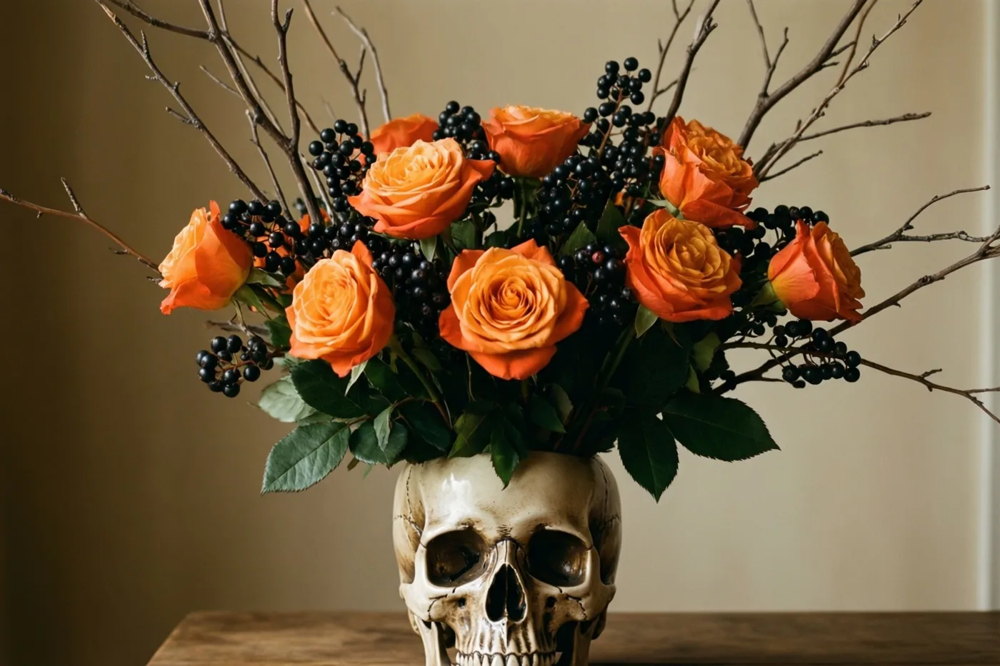 Een keramische vaas in de vorm van een schedel bevat oranje rozen, zwarte bessen en kale twijgen op hout voor een beige muur.